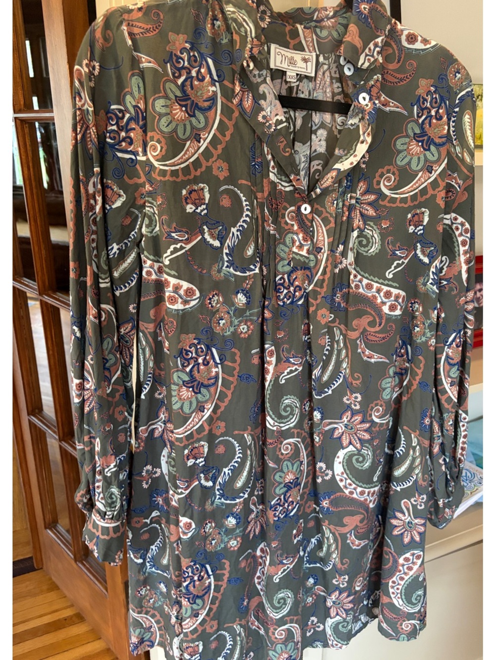 Olive Paisley Button-Front Blouse